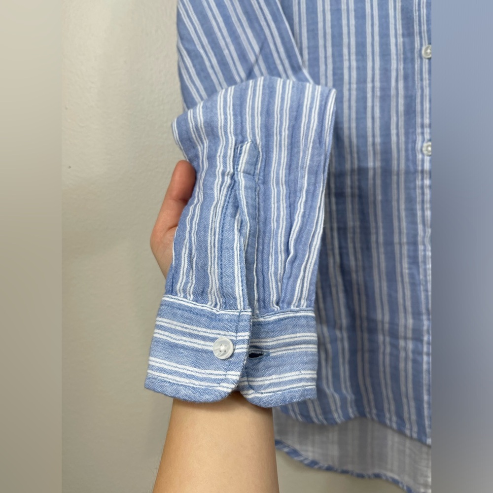 Beach Lunch Lounge Boyfriend Fit Gauze Muslin Blue White Stripes Button UpShirt - Picture 5 of 10
